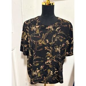 Liz Baker Essentials Black Floral Short Sleeve Blouse XL Petite Button Back Top